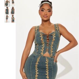 Brand new with tags is a very cute fashion nova denim skirt set. Size medium